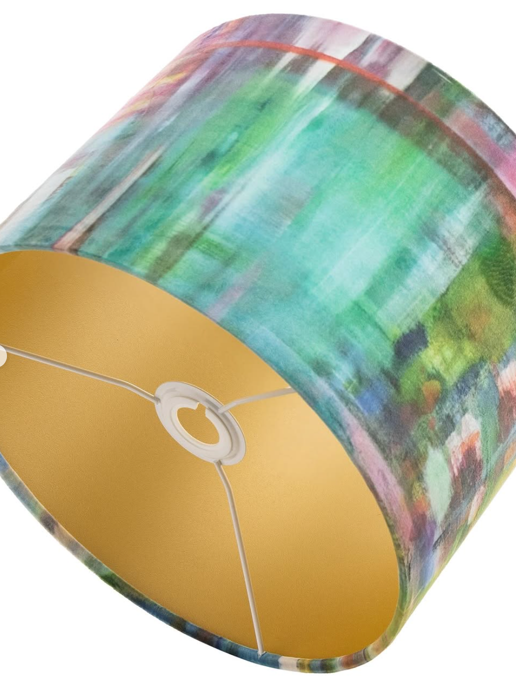 Colorful lampshade with a watercolor-like design, green and gold interior.