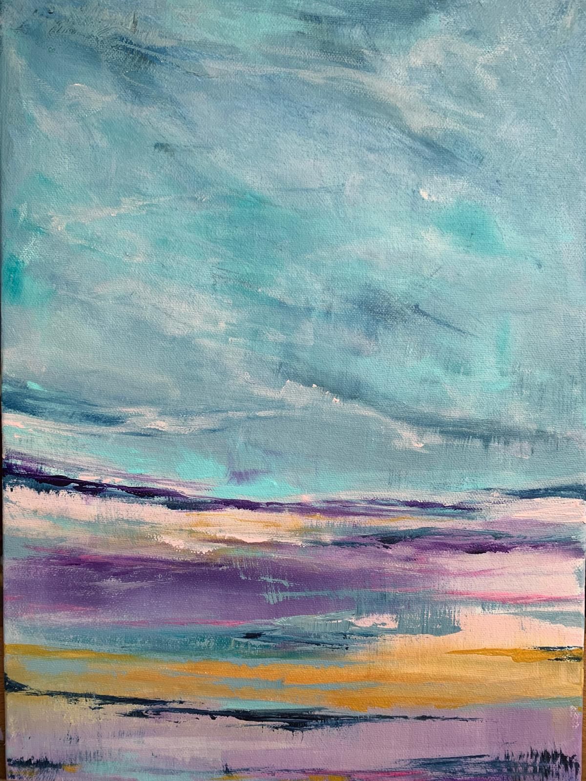 Abstract landscape painting with sky, purple, and yellow horizon.