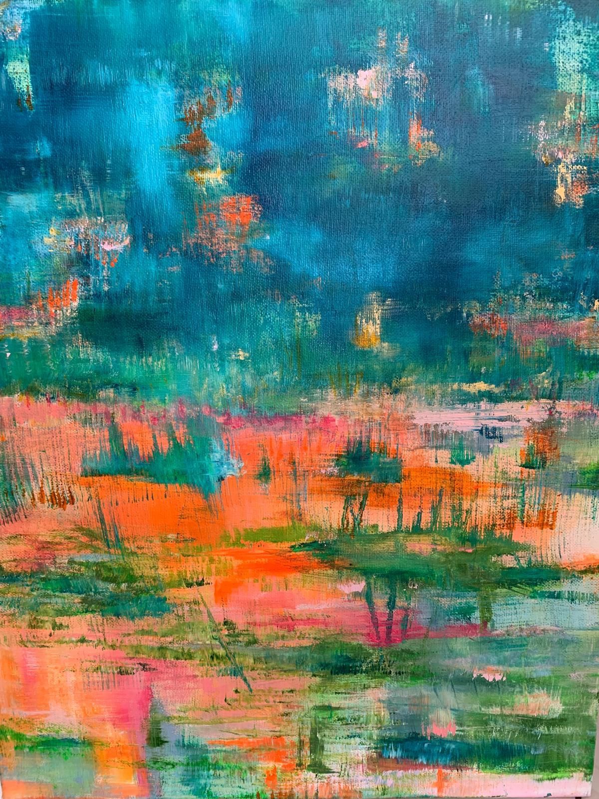 Abstract painting of blue, green, orange, and pink colors.