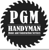 PGM Handyman logo, black and white. Text within a saw blade shape: "PGM HANDYMAN Home and Construction Services".