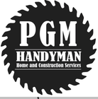PGM Handyman logo, black and white. Text within a saw blade shape: "PGM HANDYMAN Home and Construction Services".
