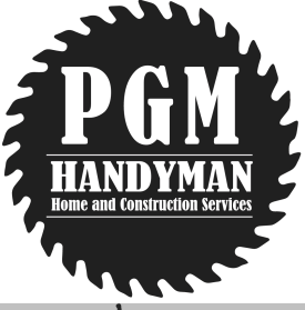 PGM Handyman logo, black and white. Text within a saw blade shape: "PGM HANDYMAN Home and Construction Services".