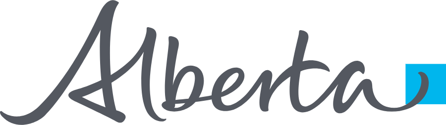 Alberta logo with gray cursive text and a blue square.