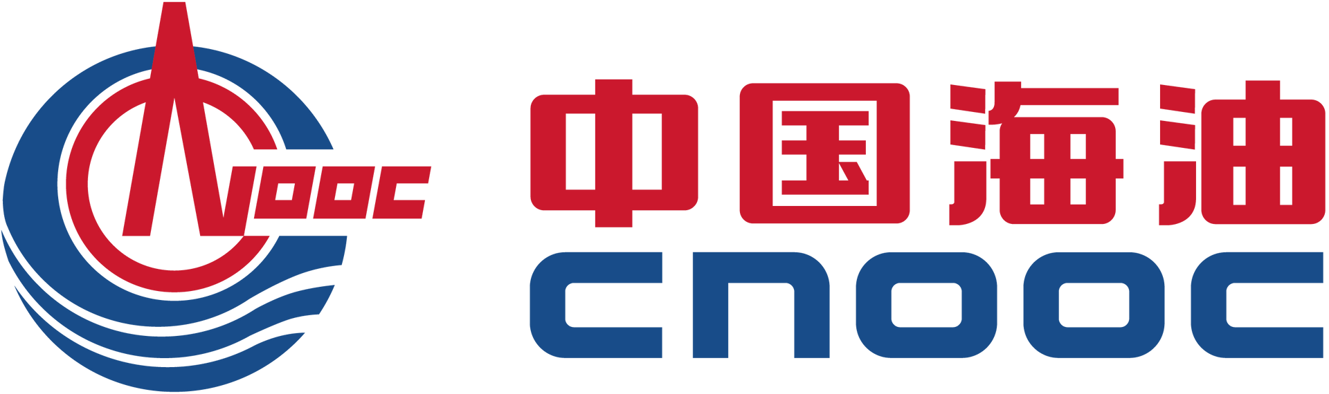 CNOOC logo with red Chinese characters, stylized rig, and blue waves.