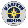 EARTH IRON logo with blue text and a yellow star over a globe on a gray background