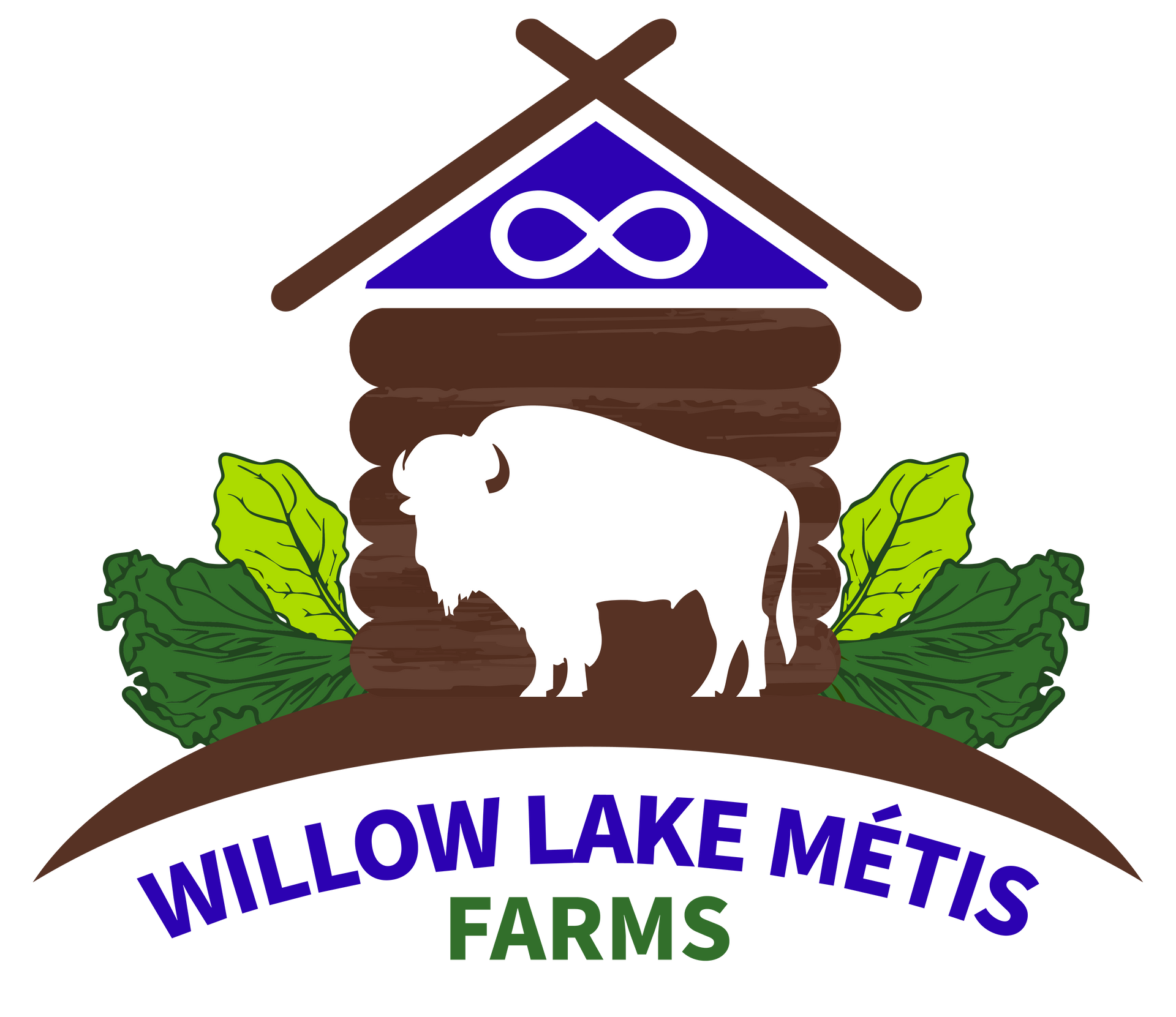Logo for Willow Lake Métis Farms, featuring a cabin, bison, and the Métis infinity symbol.