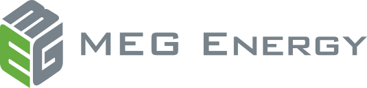Logo for MEG Energy, featuring a green and gray cube design with the company name in gray.