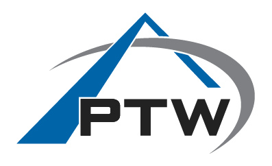 Logo of PTW with blue angled shape and grey arc. Black letters PTW.