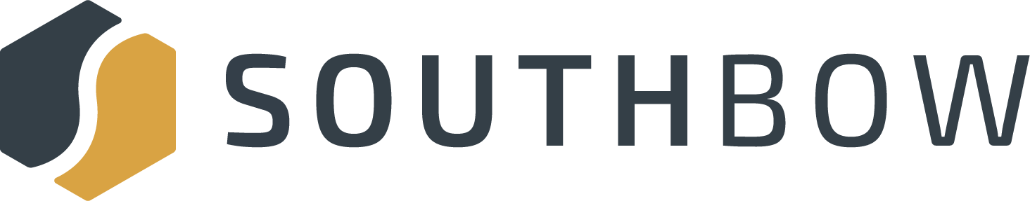 Logo for Southbow, with an abstract geometric shape in blue and gold next to the company name in dark gray.