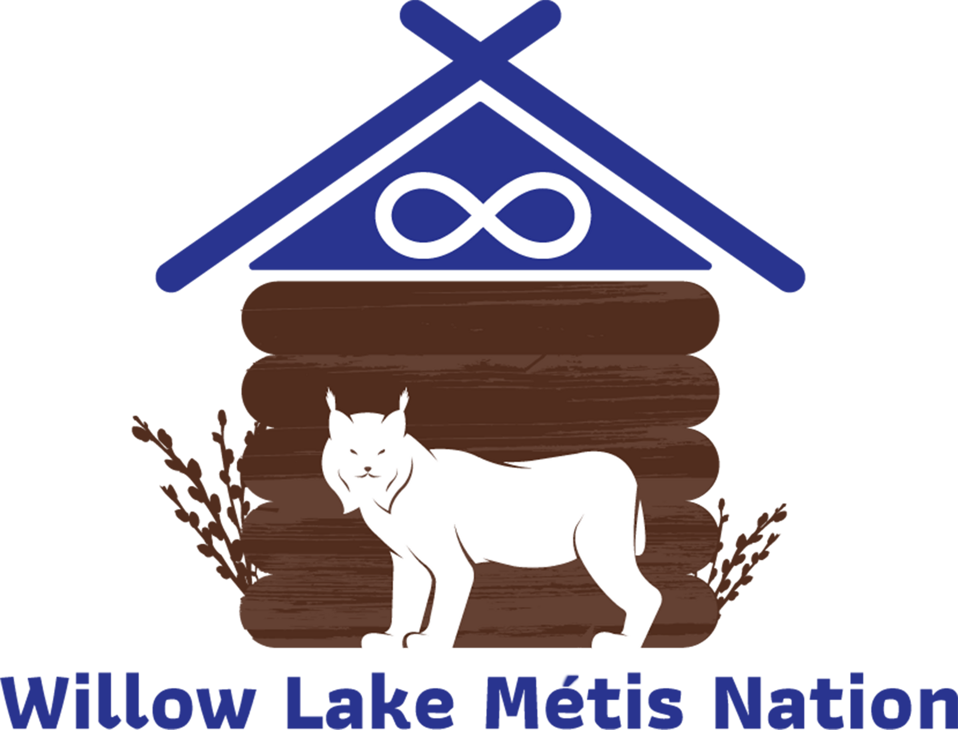 Willow Lake Métis Nation logo with blue roof, brown logs, white wolf, and blue text