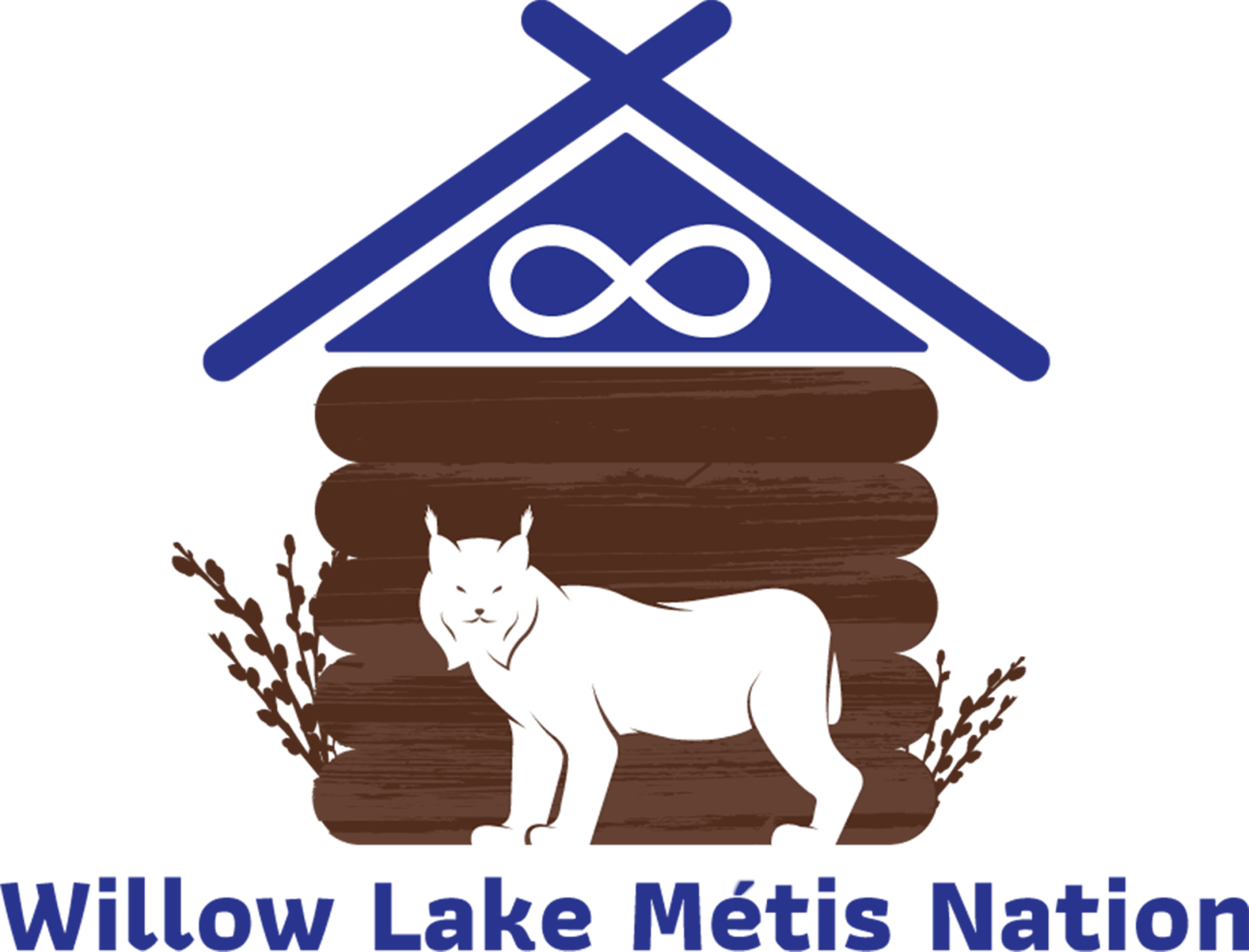 Logo of Willow Lake Métis Nation: cabin, lynx, infinity symbol, and text on white background.