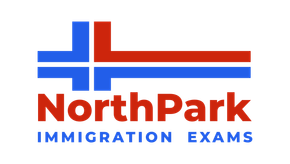 NorthPark Immigration Exams logo with red and blue geometric cross and text
