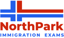 NorthPark Immigration Exams logo with red and blue geometric cross and text