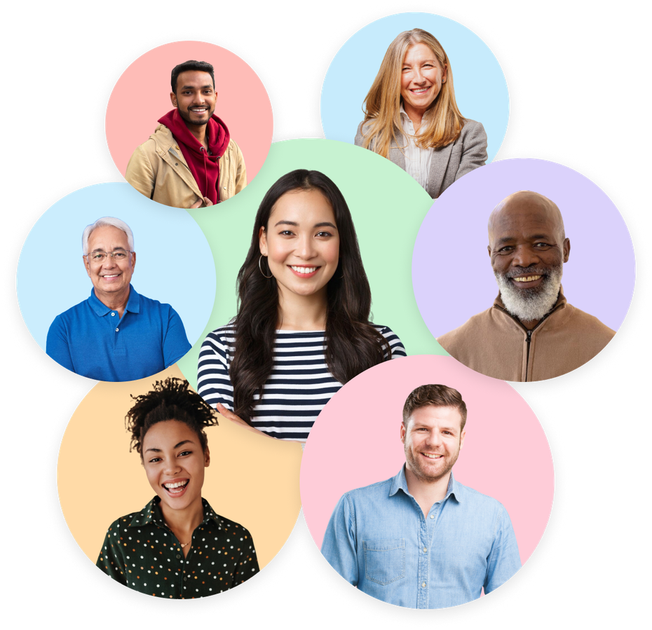 Seven smiling headshots in colorful circles on a white background