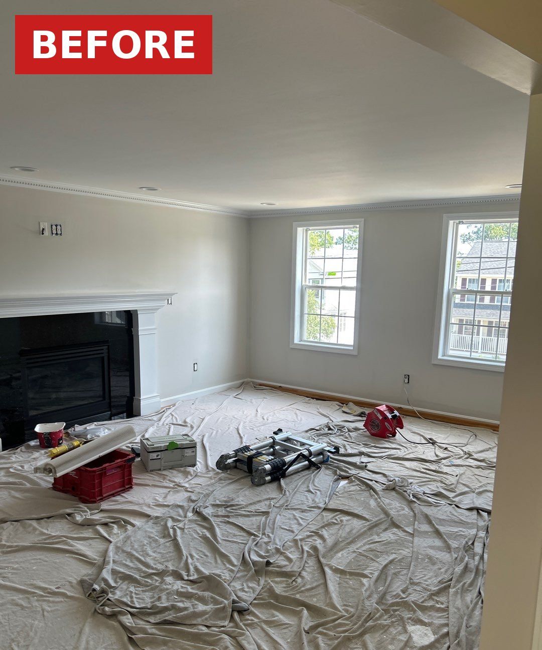 Before: living room prepped for interior painting in Manchester, NH
