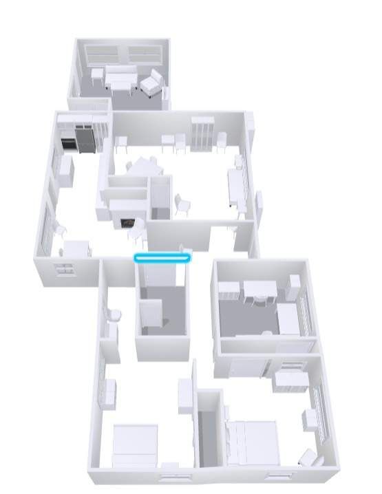 3D floor plan of a white house interior with multiple rooms and a blue-highlighted doorway