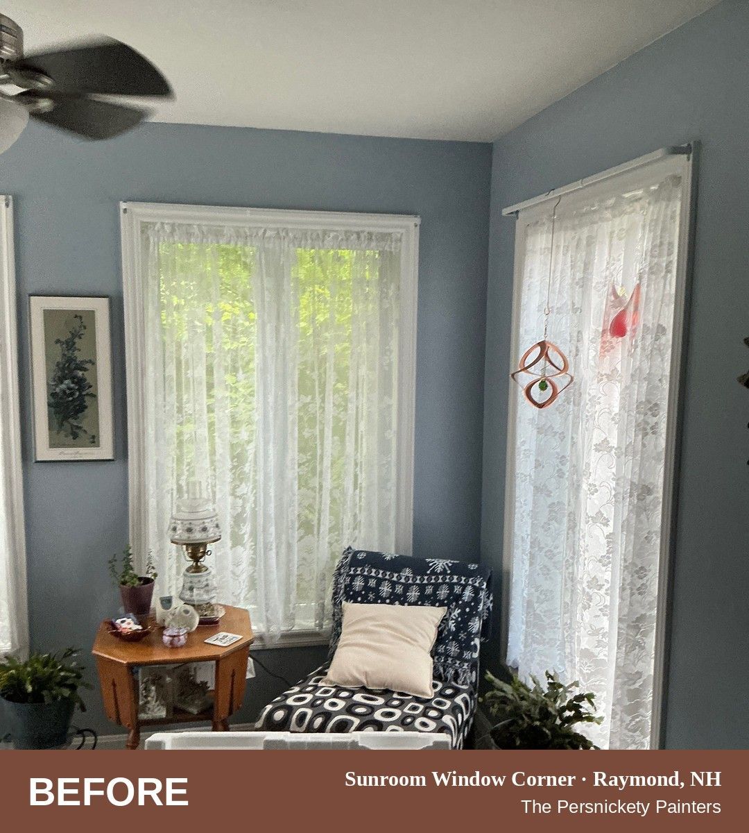 Sunroom Window Corner before painting, Raymond, NH - The Persnickety Painters