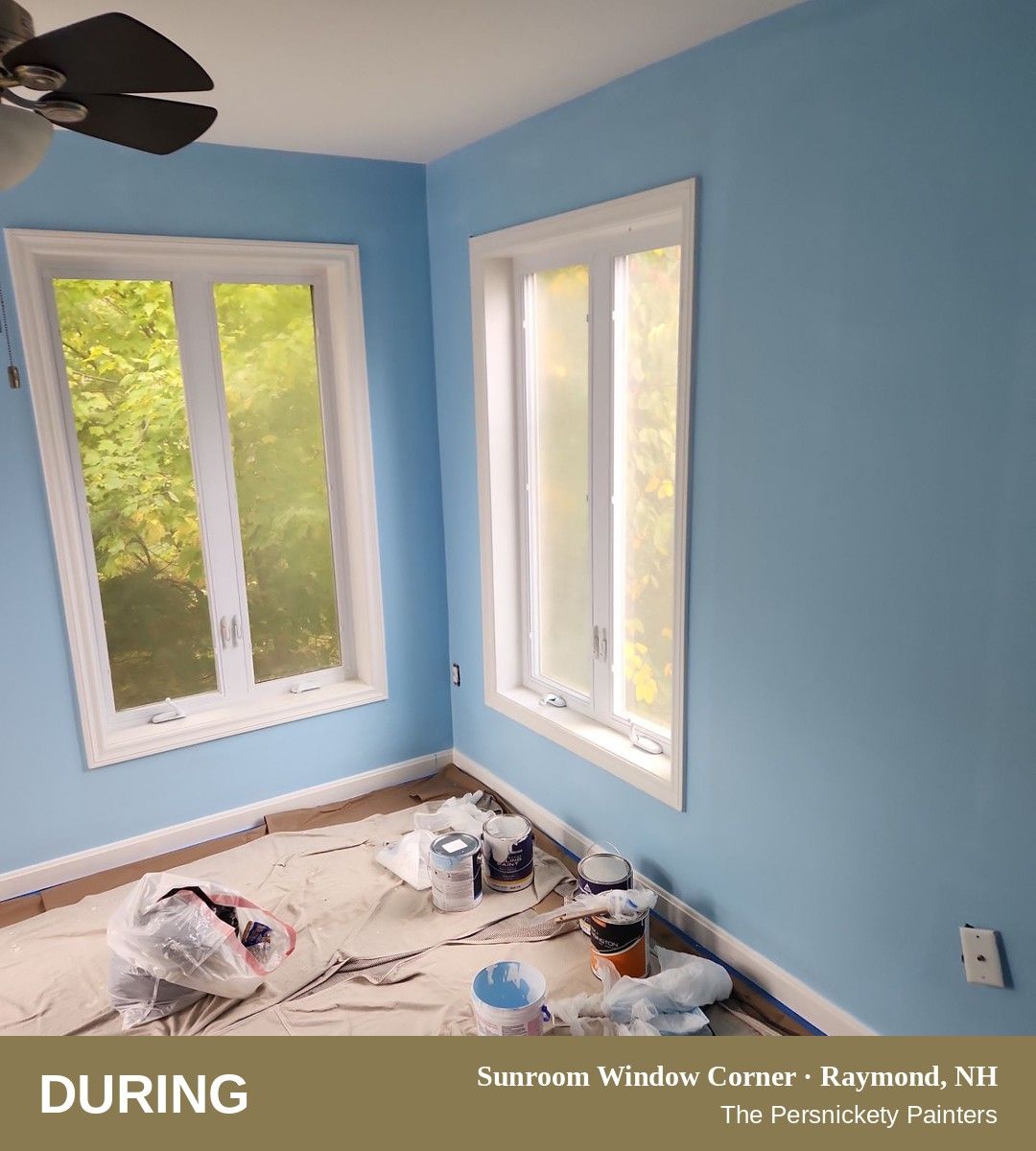 Sunroom Window Corner during painting, Raymond, NH - The Persnickety Painters