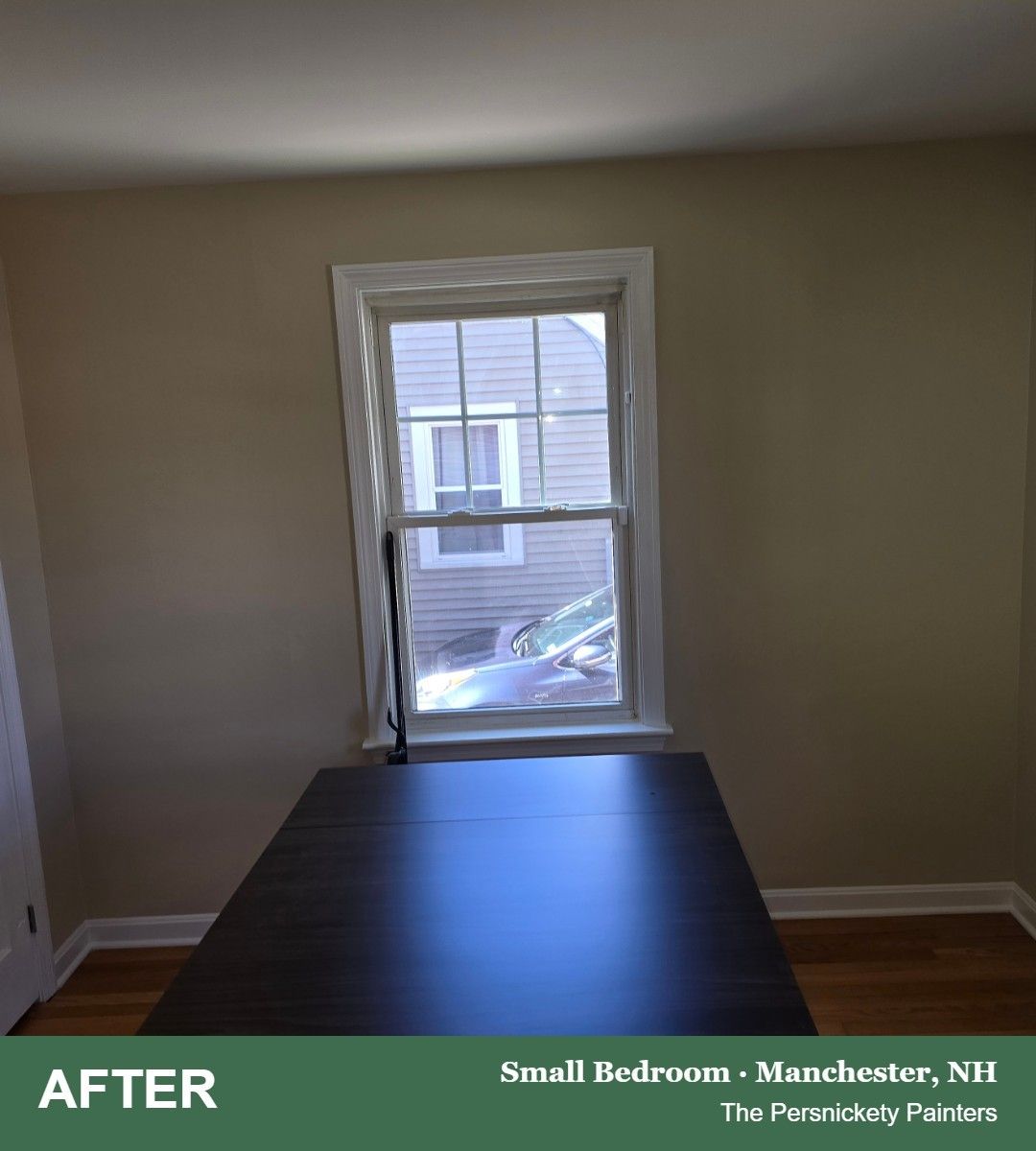 Small bedroom after painting, warm neutral walls, Manchester, NH - The Persnickety Painters