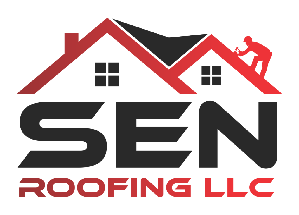 SEN Roofing LLC logo with red house roof, black bold text, and a red roofer silhouette on the roof