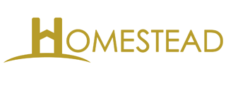 Gold “Homestead” logo with stylized bridge icon