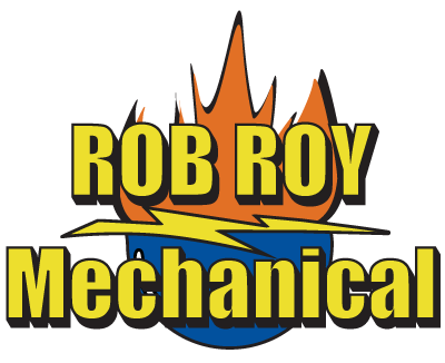Rob Roy Mechanical logo with yellow text, orange flame, and blue swoosh on white background