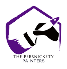 Logo for The Persnickety Painters, featuring a purple house outline and stylized black-and-white painter’s brush