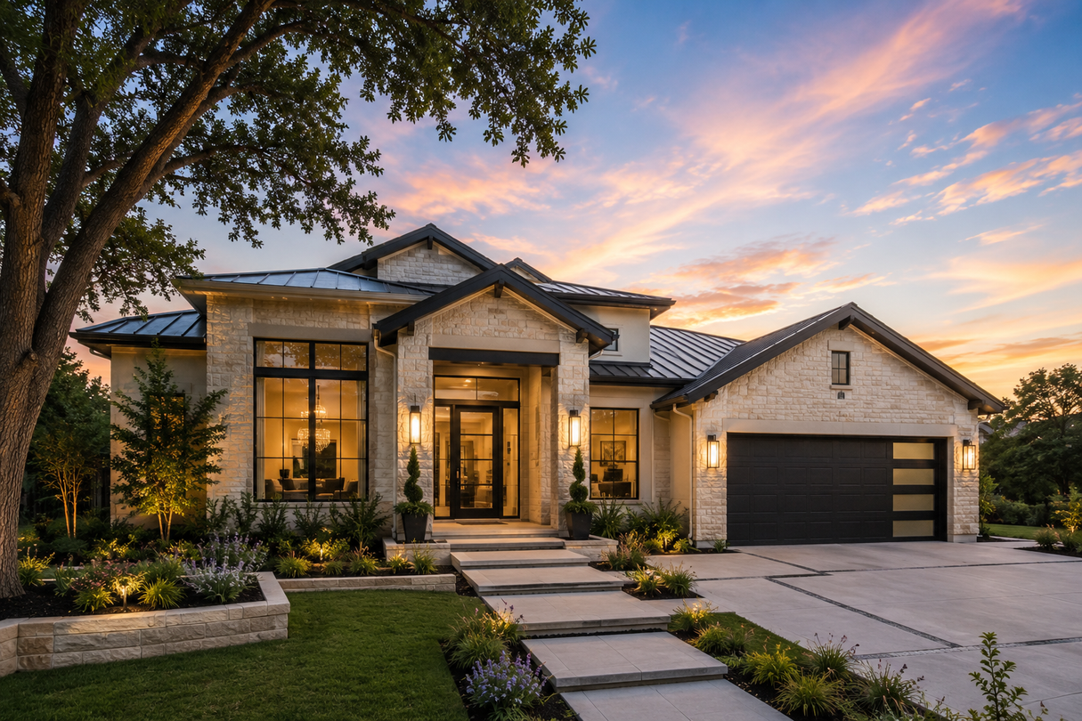 Modern stone house with lit windows, front steps, and a two-car garage at sunset