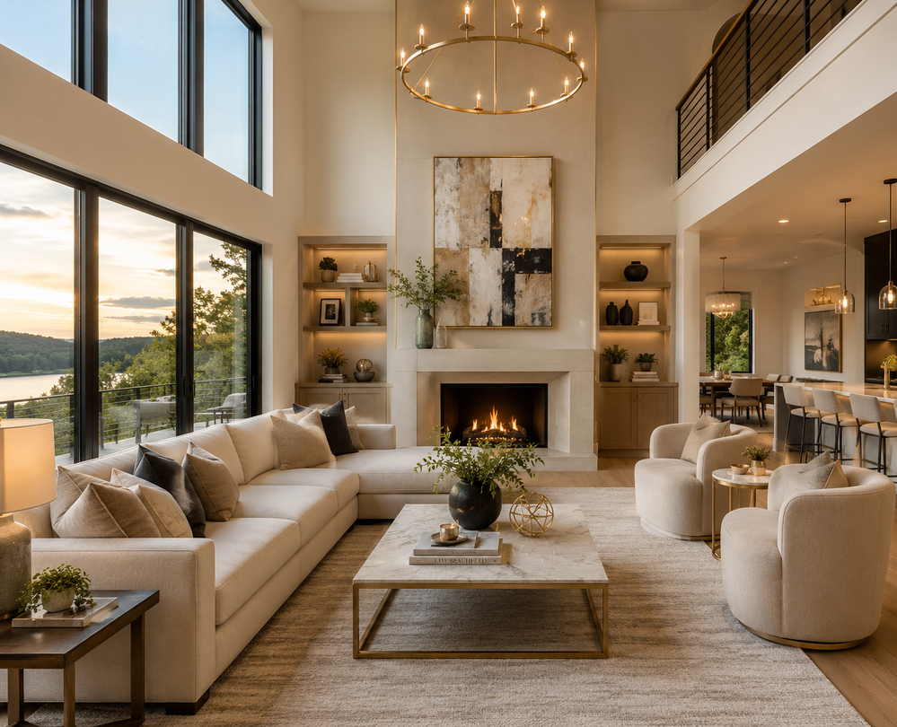 Bright modern living room with a fireplace, large windows, cream seating, and a view of the sunset.