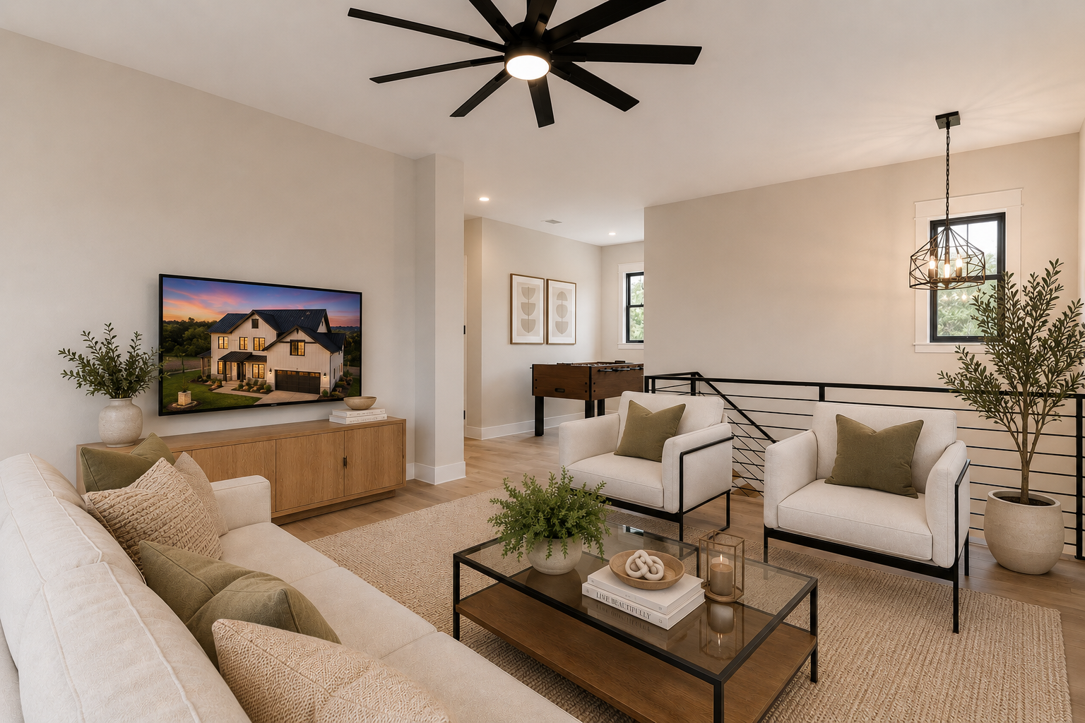 Bright modern living room with beige sofas, wood TV console, coffee table, and black ceiling fan