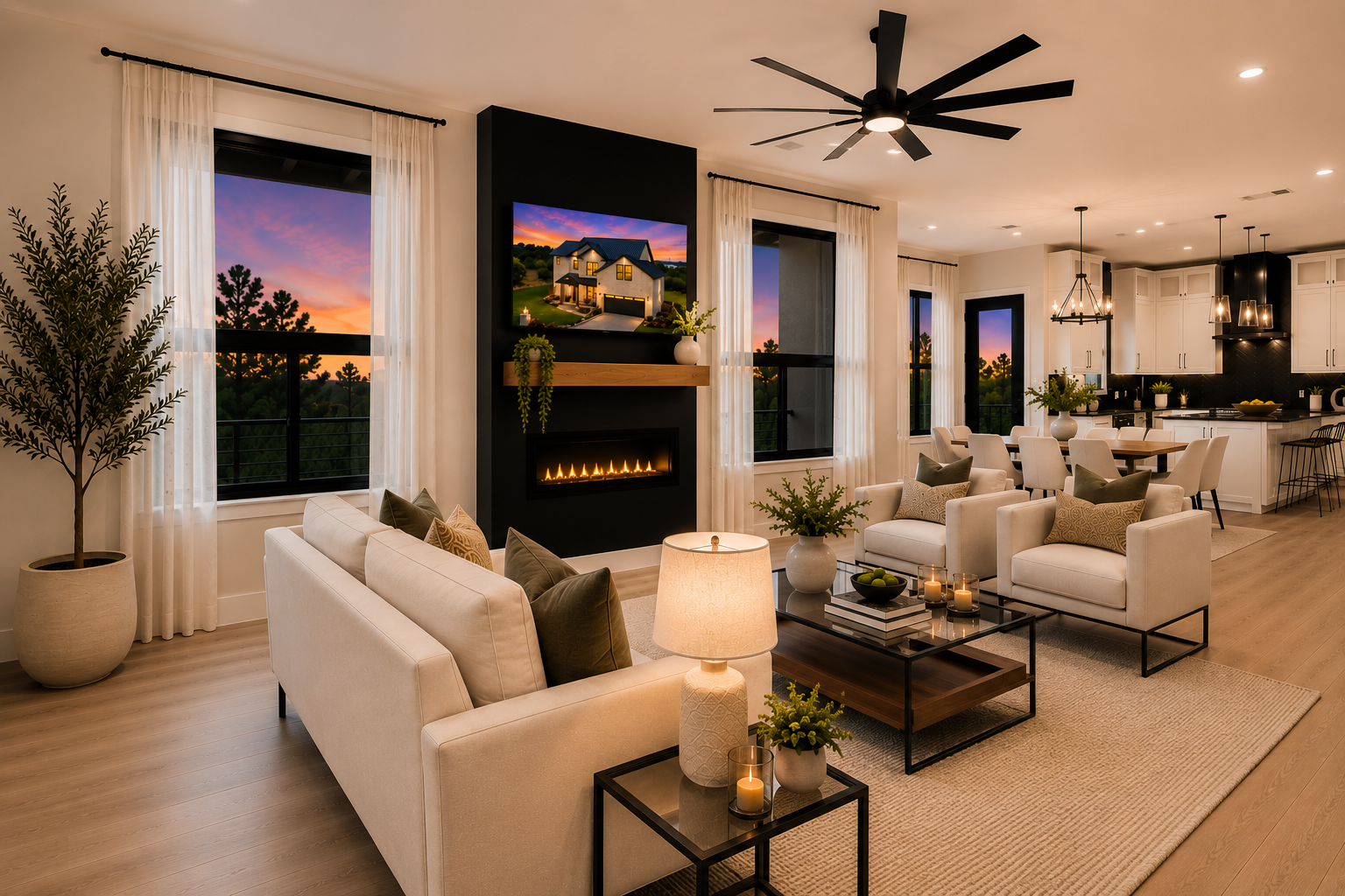 Modern living room with beige sofas, black fireplace, and large sunset windows