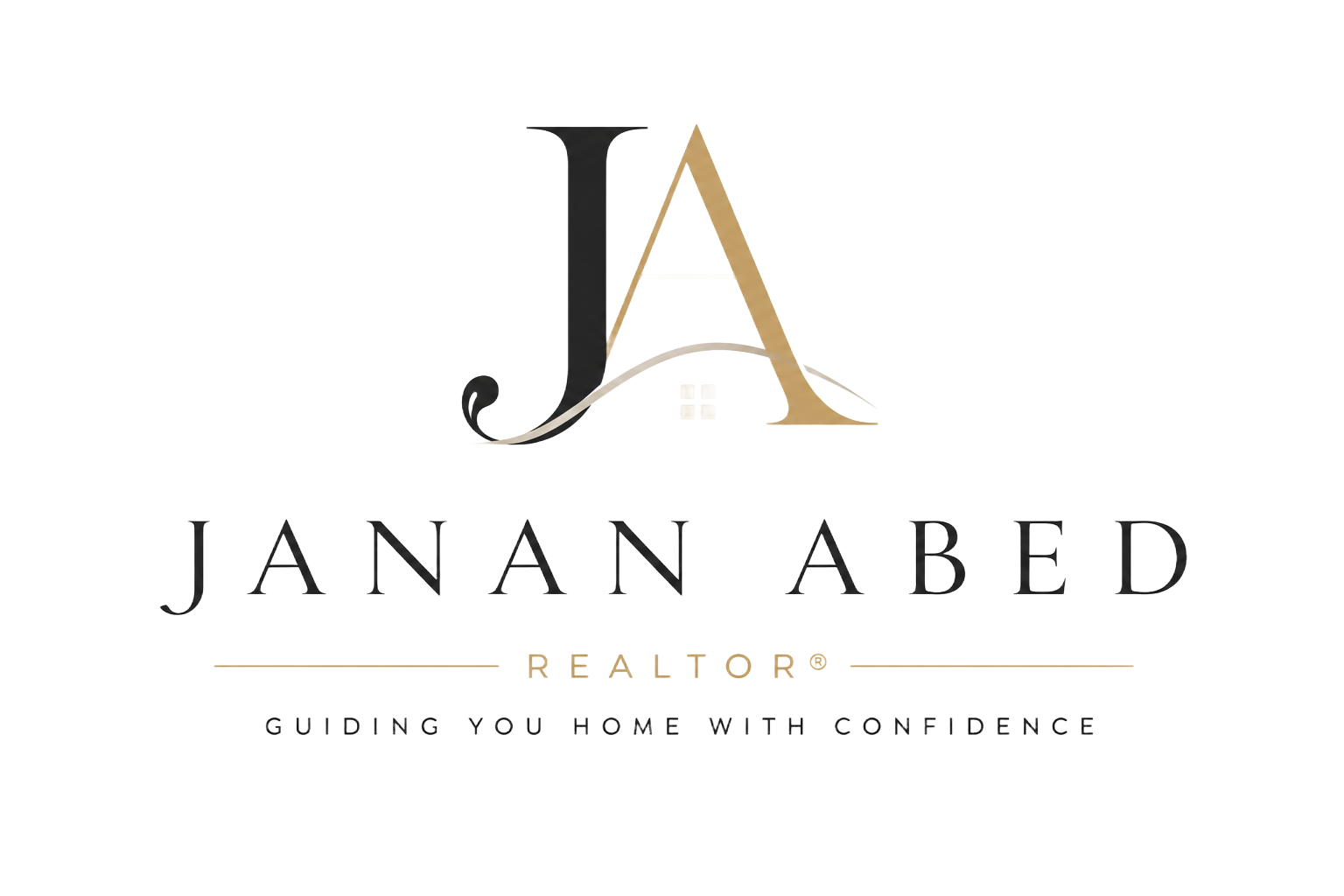 Janan Abed real estate logo with gold and black initials, “Realtor,” and “Guiding you home with confidence”