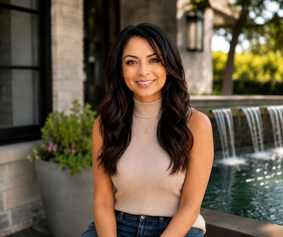 Smiling woman seated by a fountain, wearing a beige sleeveless top and jeans.