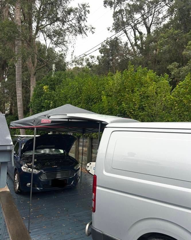 Black Car Under a Canopy Beside a White Van, With Trees and Greenery in the Background — All Auto & Mechanical in The Entrance North, NSW