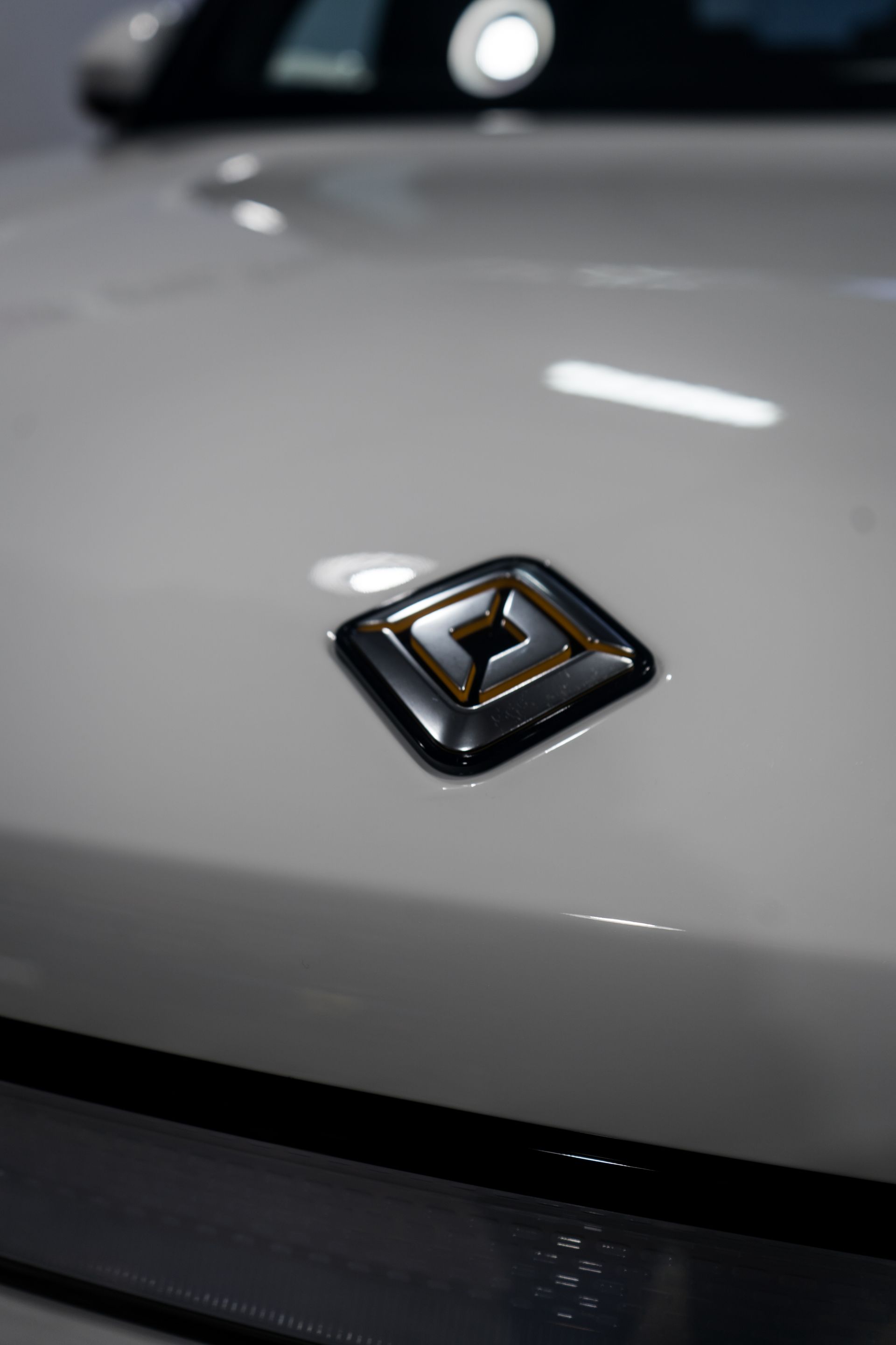 A close up of a renault emblem on a white car
