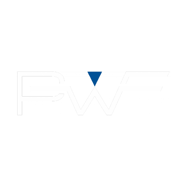 A white logo with a blue triangle in the middle.