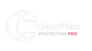 The clearplex protection pro logo is white and red on a white background.