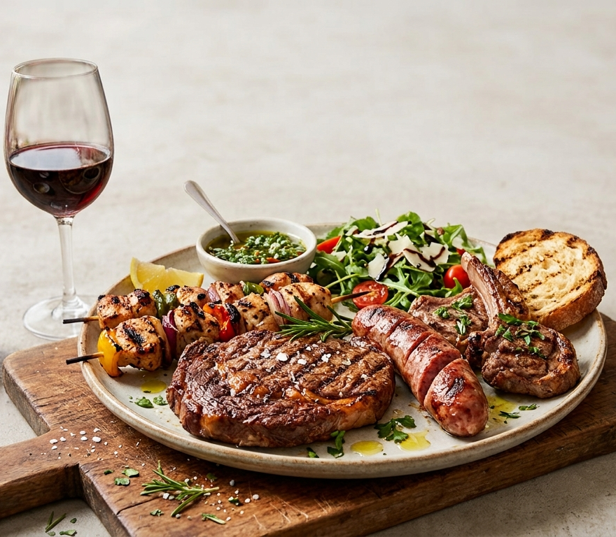 Bistecca grigliata, salsiccia e verdure su un tagliere di legno con un bicchiere di vino rosso e pane.