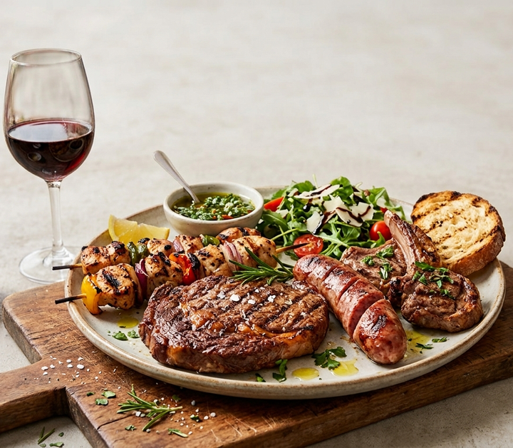 Bistecca grigliata, salsiccia e verdure su un tagliere di legno con un bicchiere di vino rosso e pane.