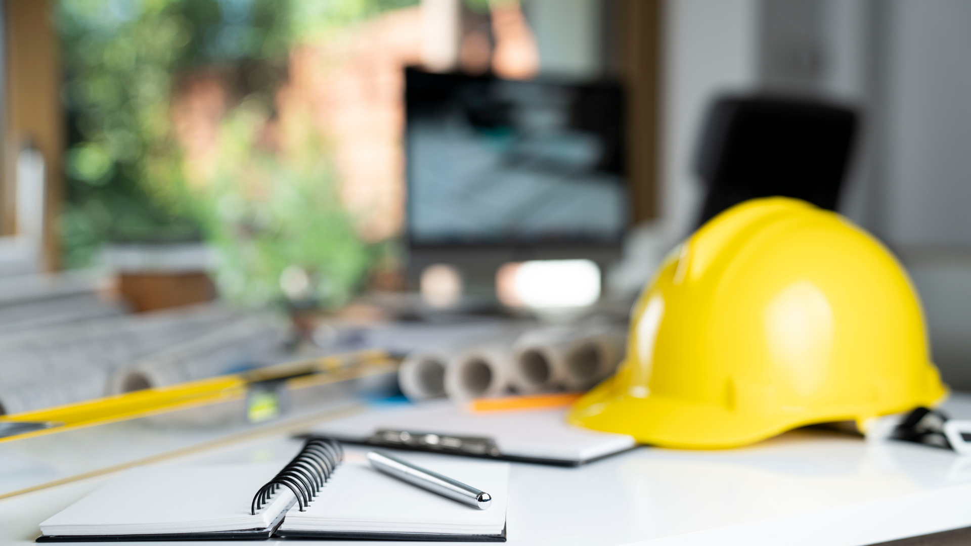 Yellow hard hat and tools on blueprints at a construction site work desk.