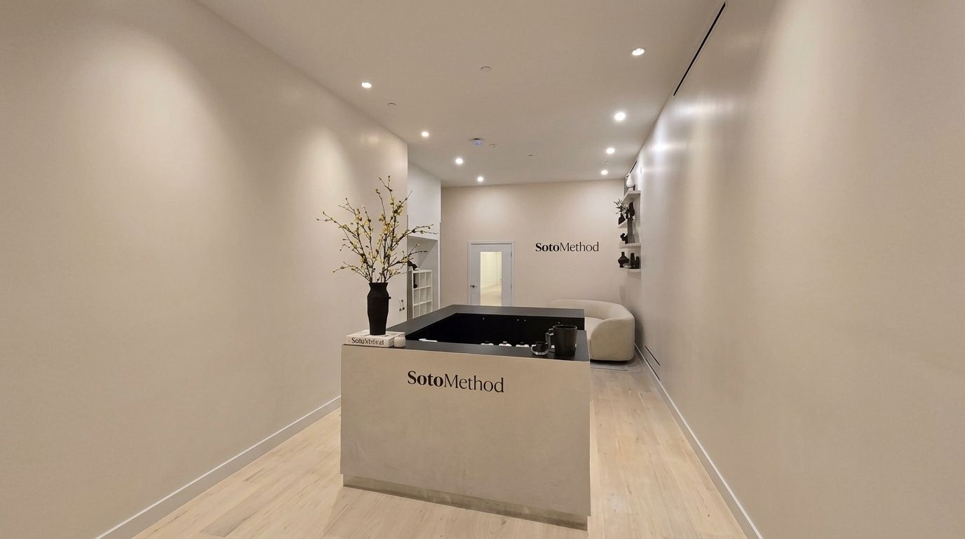 Empty modern hallway with black ceiling, white floor, blue bench, and glass doors at the end.