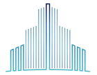 Abstract blue line-art building logo with a central tall tower and symmetrical side sections