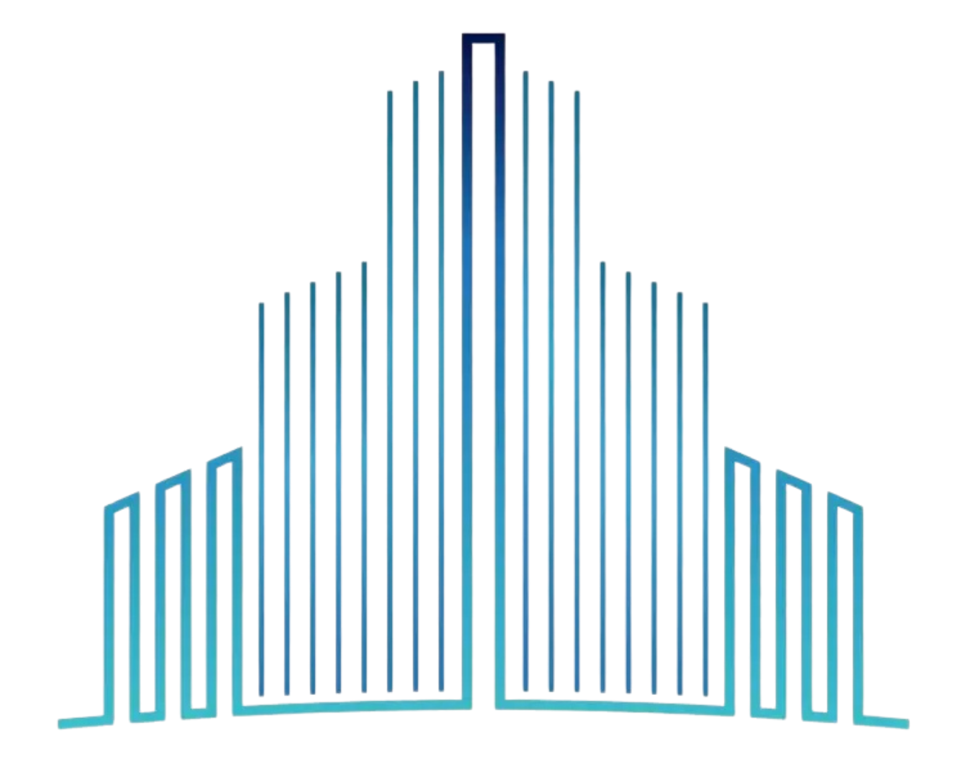 Abstract blue line-art building logo with a central tall tower and symmetrical side sections