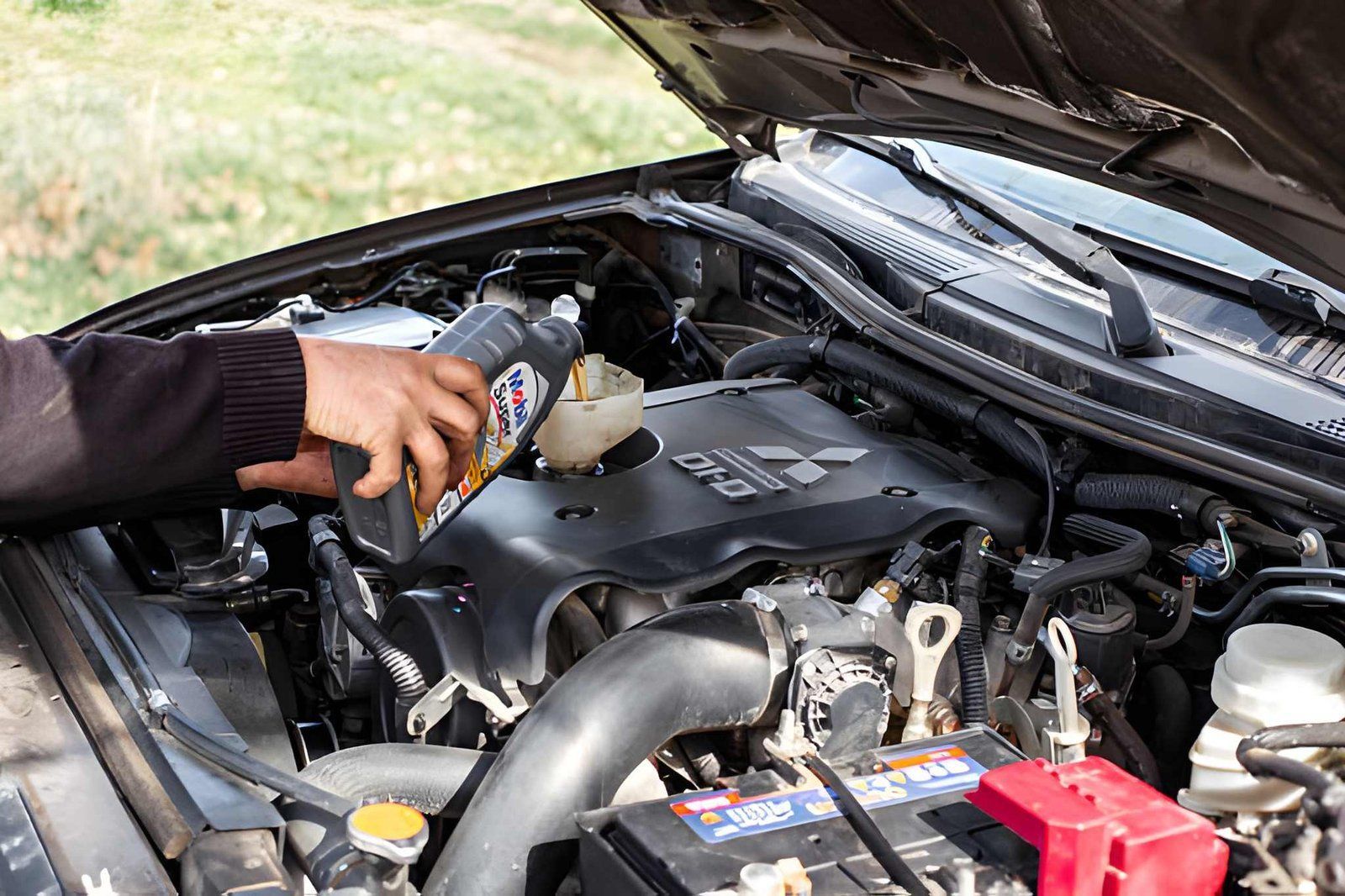 Person pours oil into a car engine under an open hood.