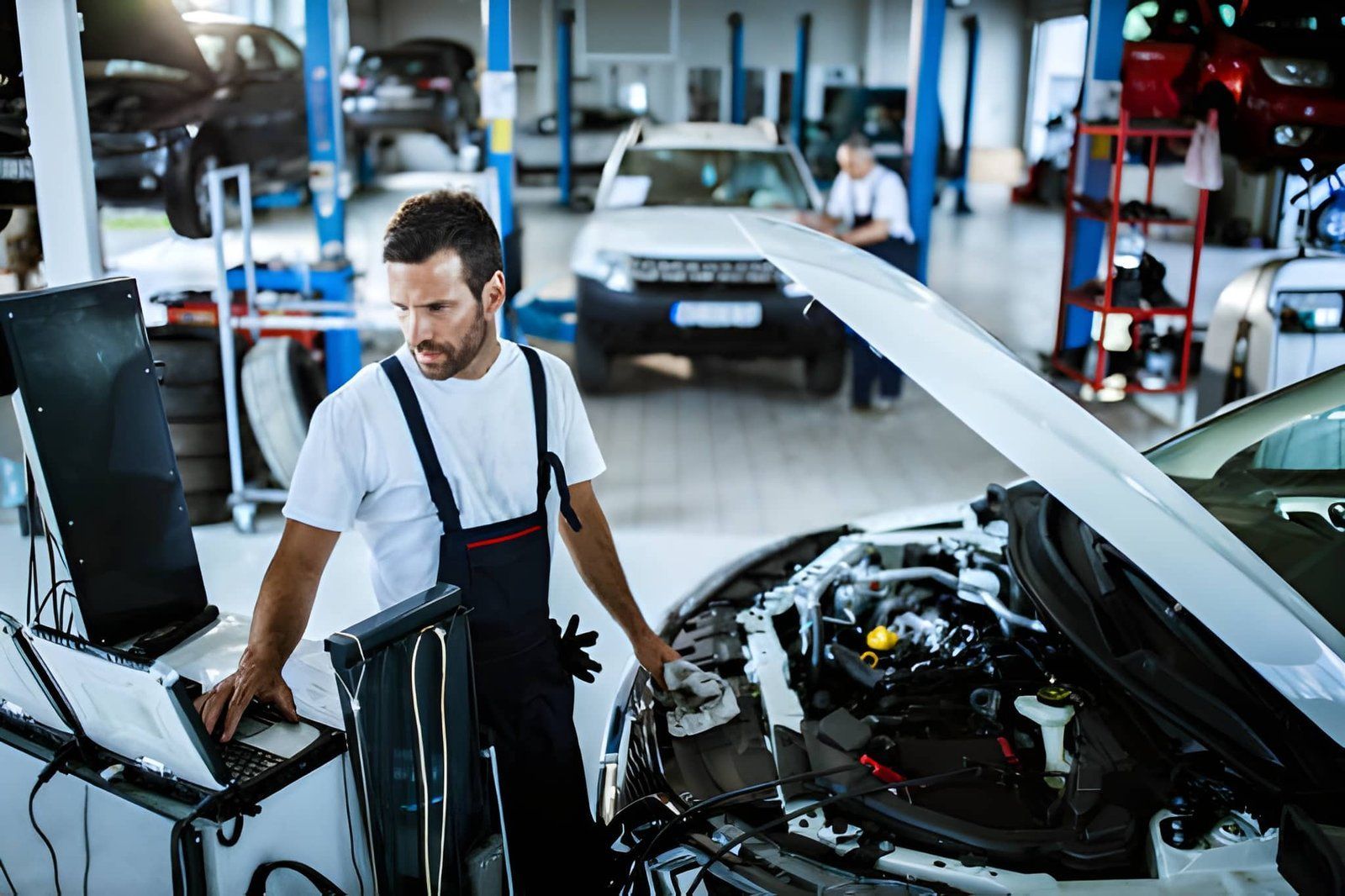 Mechanic inspecting a car with its hood open in an auto repair shop