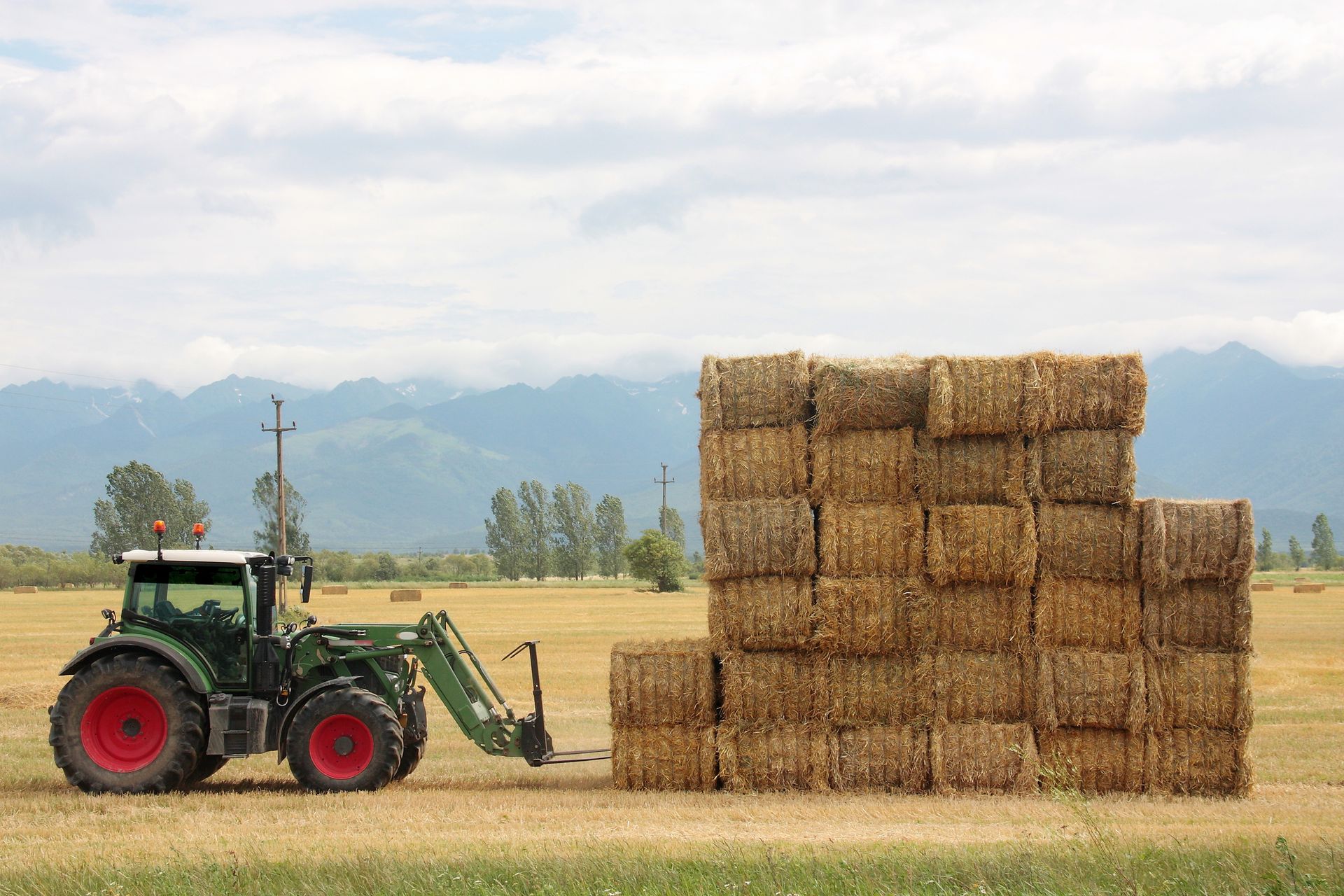 A tractor transporting a big hay bale, highlighting the role of wholesale agriculture supplies.