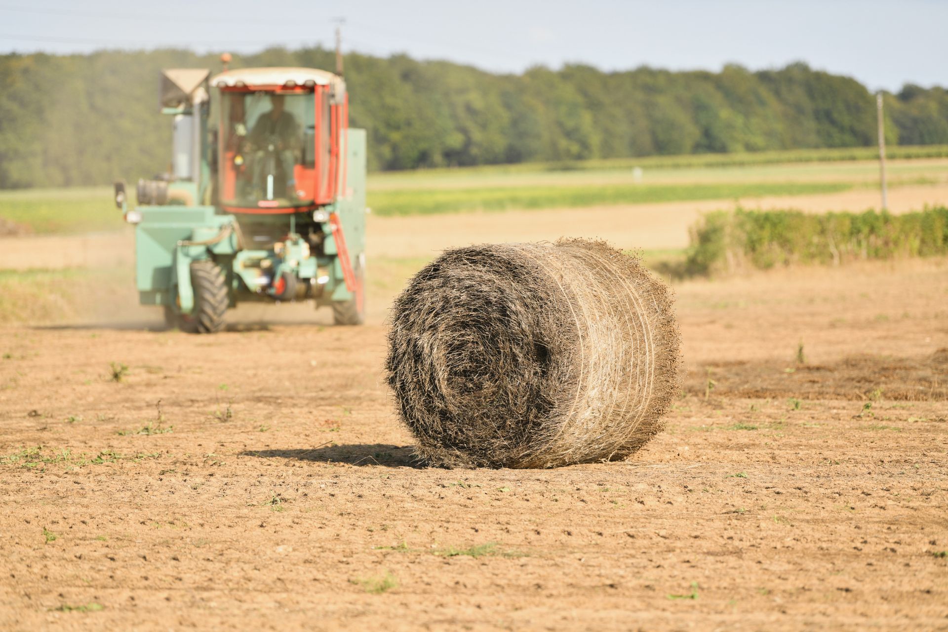 A tractor is cleaning the field with flax and making bales.