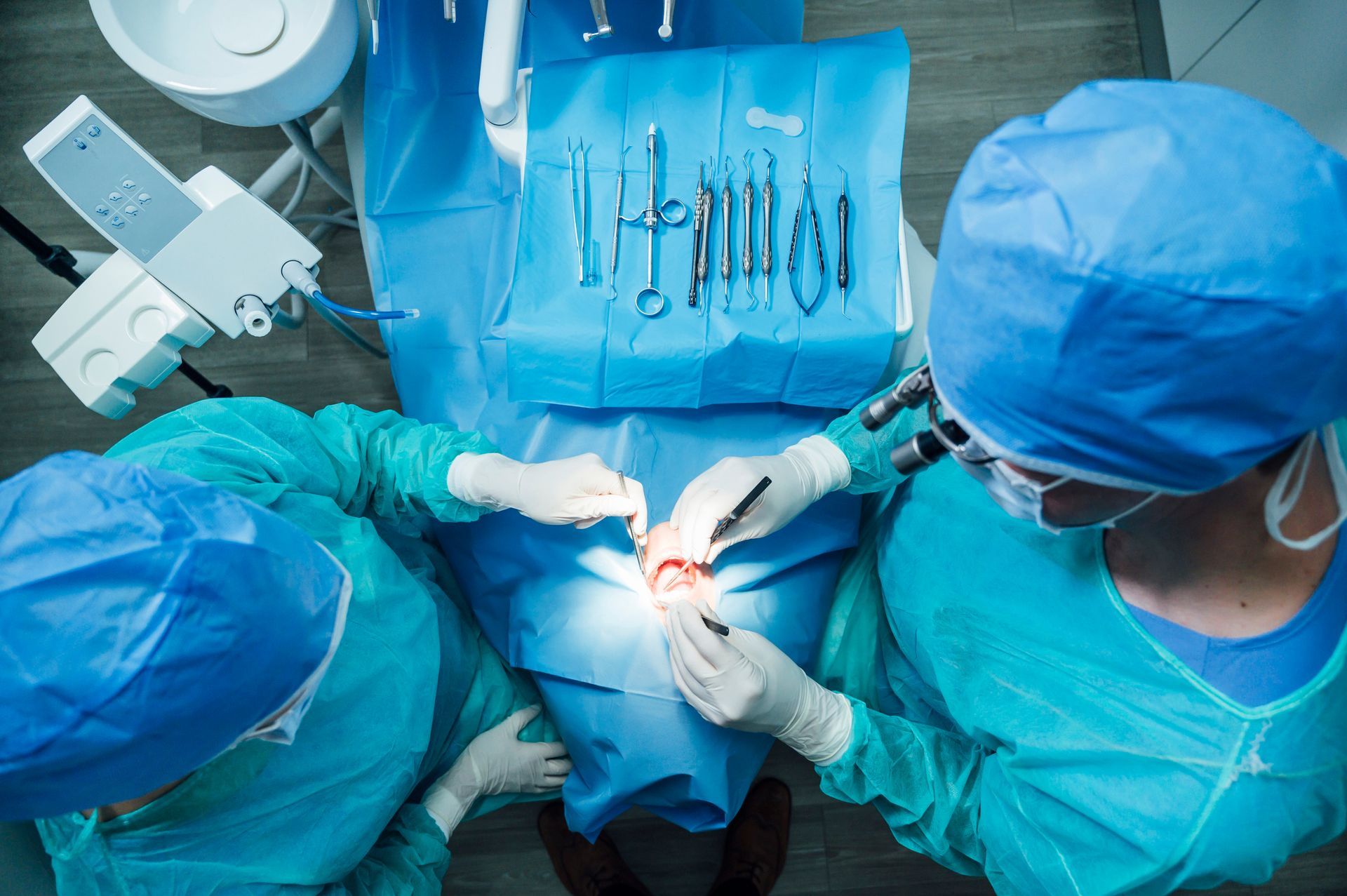 Dentist performs a dental procedure on a patient in a dental clinic.