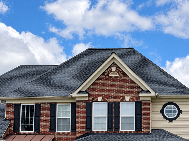 Brick house roof with gray shingles, black shutters, and a round attic window under a blue sky