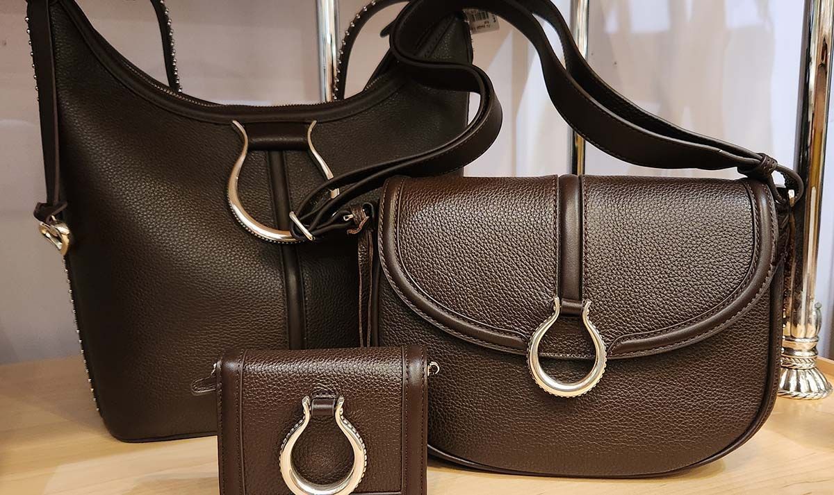 Two brown textured handbags with gold ring clasps and shoulder straps on a white background